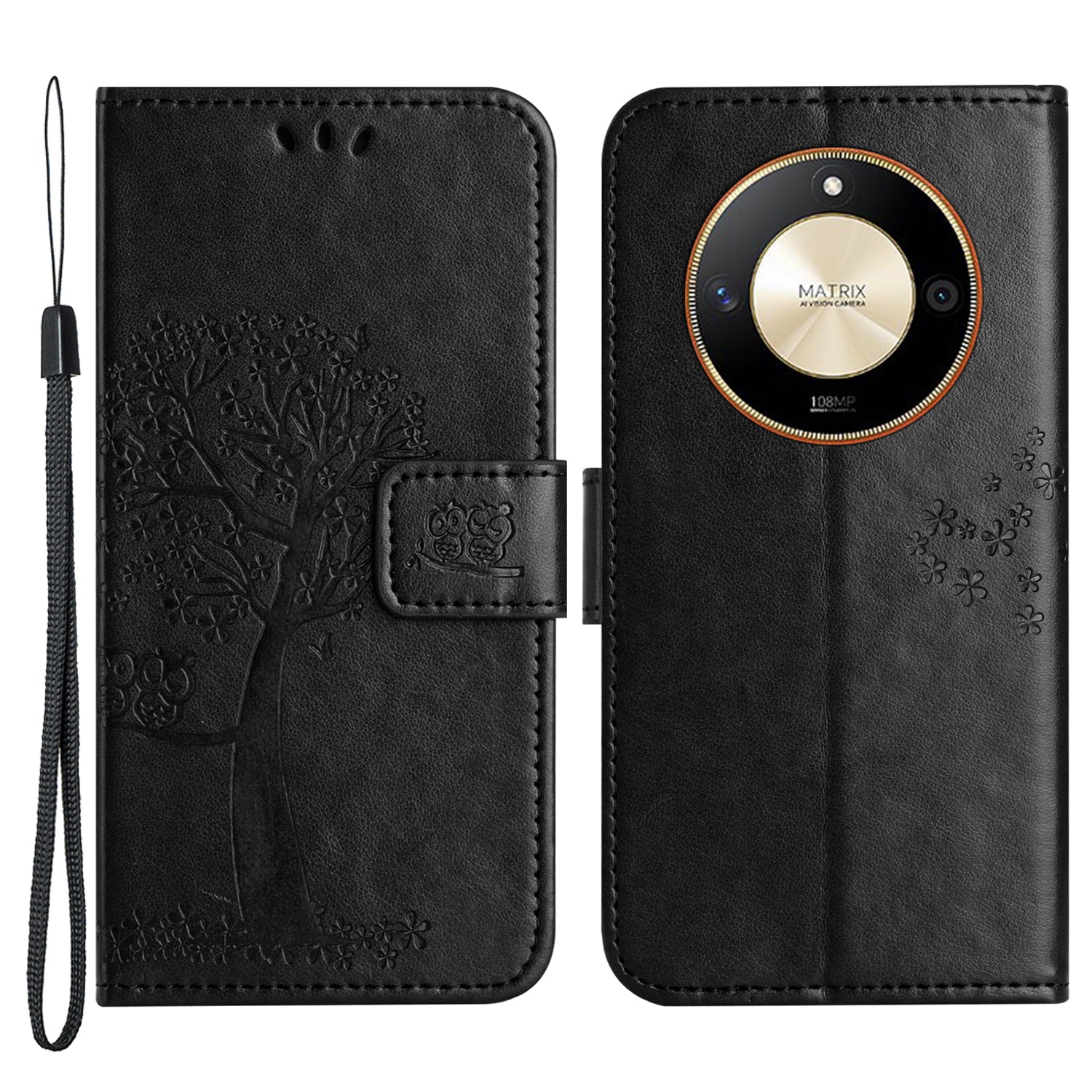 For Honor X50 Owl Tree Imprinted Phone Case PU Leather Wallet Stand Drop-proof Cover