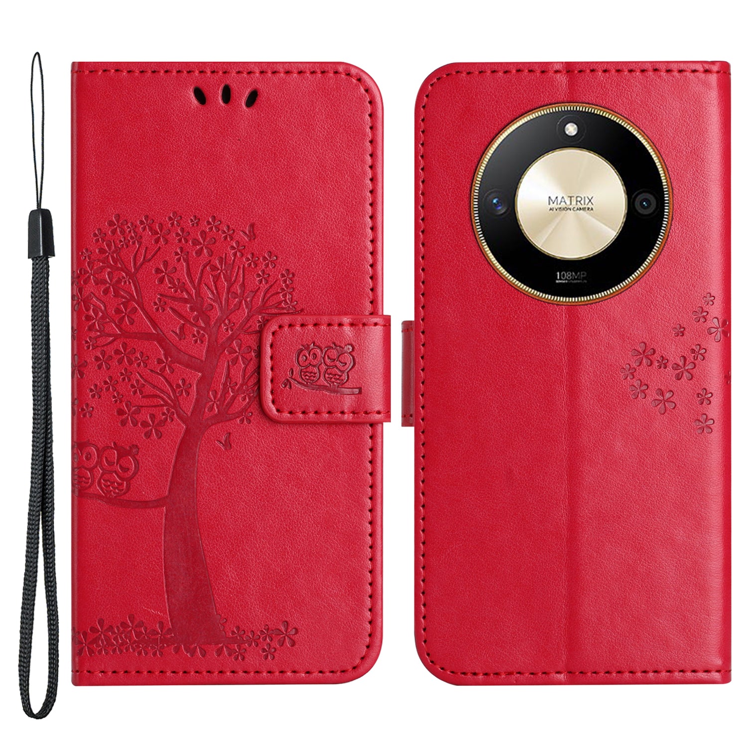For Honor X50 Owl Tree Imprinted Phone Case PU Leather Wallet Stand Drop-proof Cover