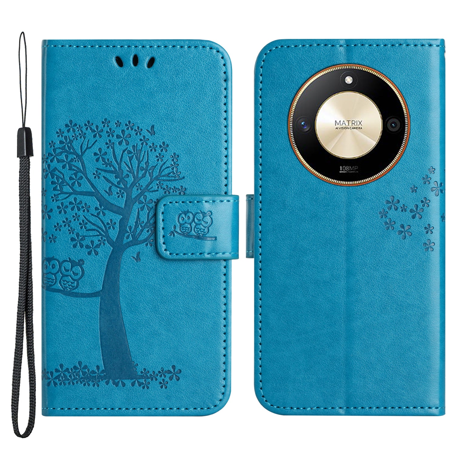 For Honor X50 Owl Tree Imprinted Phone Case PU Leather Wallet Stand Drop-proof Cover