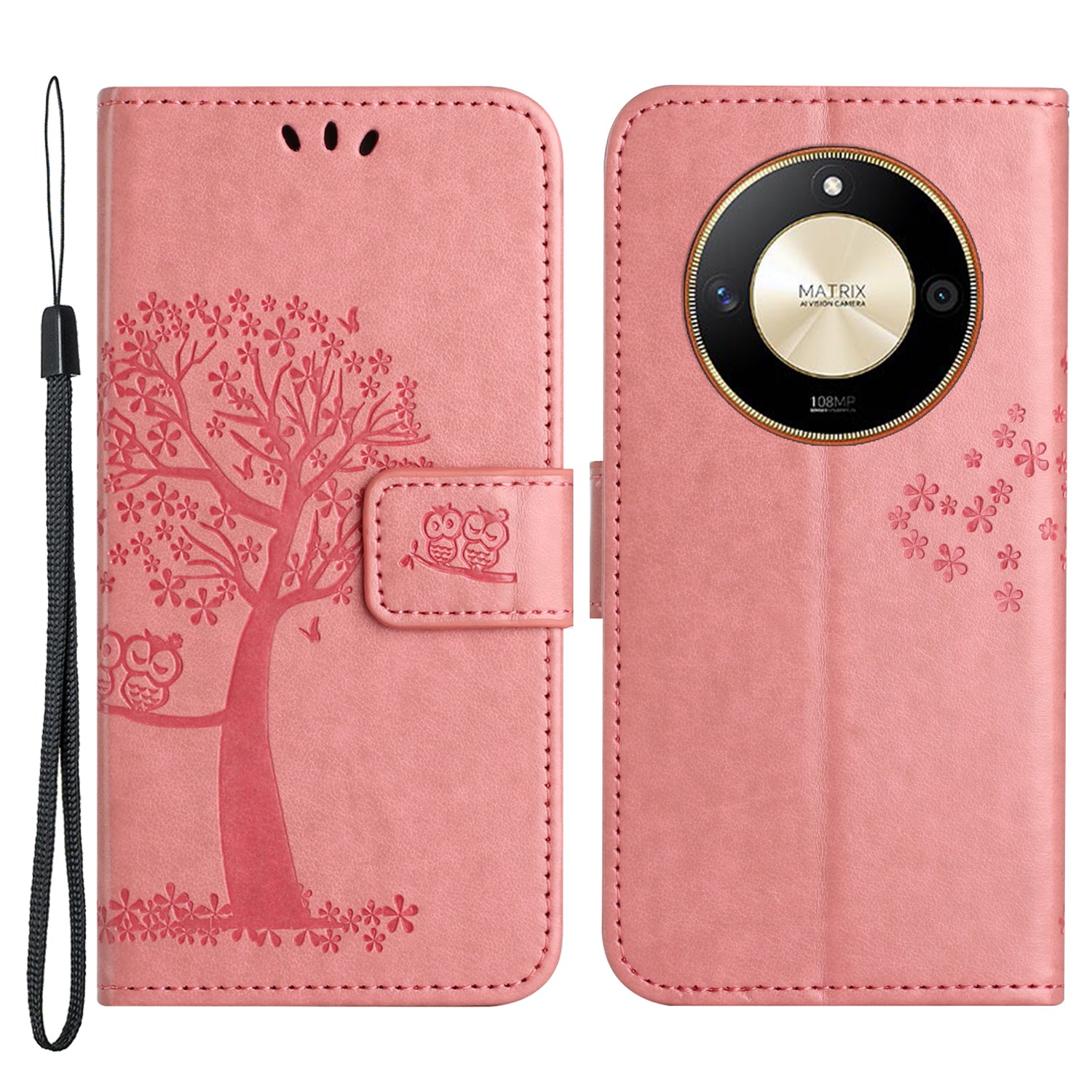 For Honor X50 Owl Tree Imprinted Phone Case PU Leather Wallet Stand Drop-proof Cover