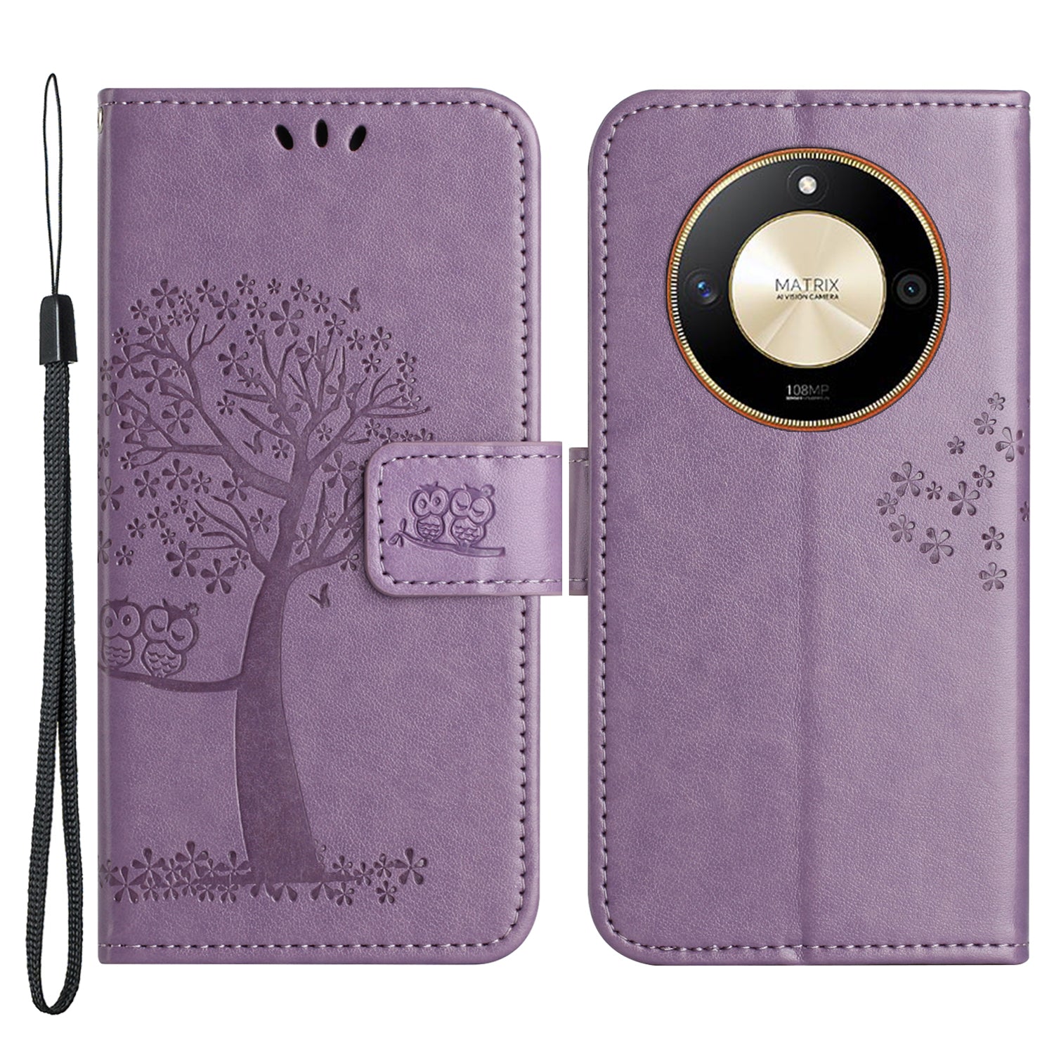 For Honor X50 Owl Tree Imprinted Phone Case PU Leather Wallet Stand Drop-proof Cover
