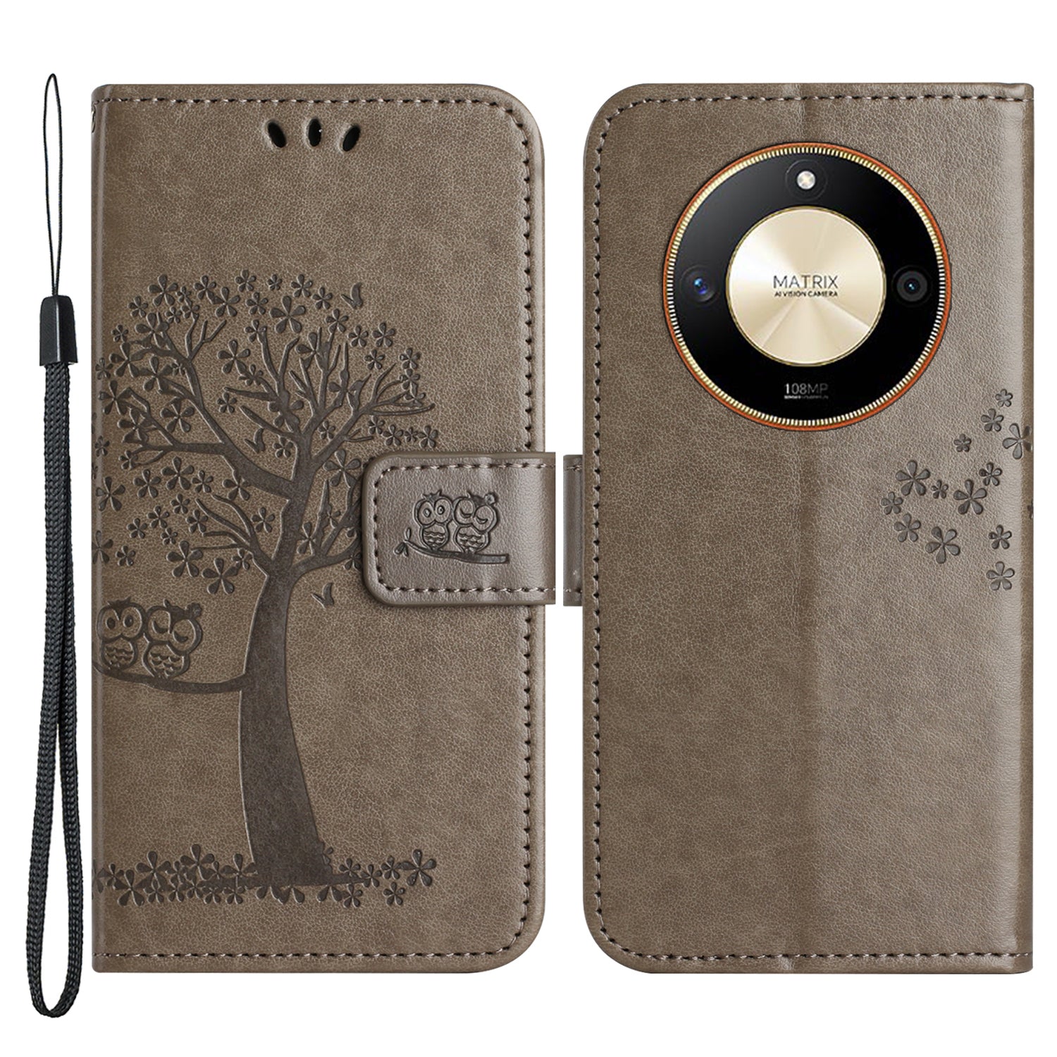 For Honor X50 Owl Tree Imprinted Phone Case PU Leather Wallet Stand Drop-proof Cover