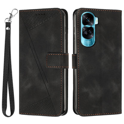 For Honor 90 Lite 5G / X50i 5G Leather Cell Phone Cover Triangle Imprinted Wallet Stand Case with Hand Strap
