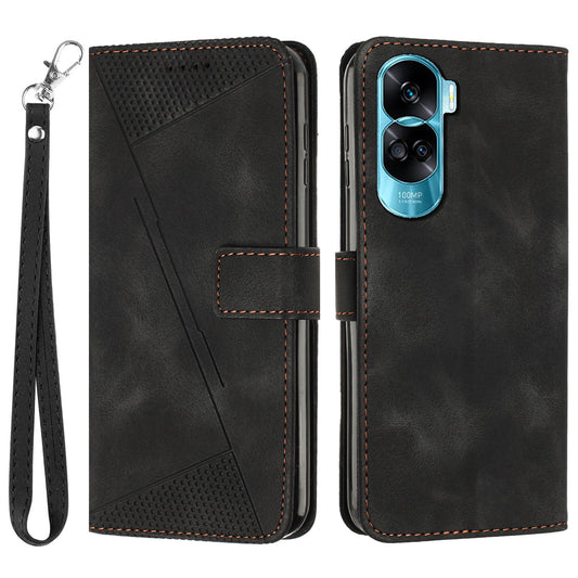 For Honor 90 Lite 5G / X50i 5G Leather Cell Phone Cover Triangle Imprinted Wallet Stand Case with Hand Strap
