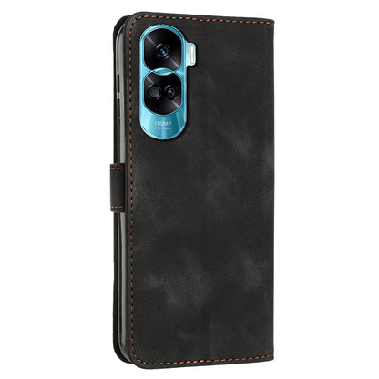 For Honor 90 Lite 5G / X50i 5G Leather Cell Phone Cover Triangle Imprinted Wallet Stand Case with Hand Strap