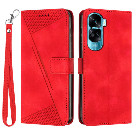 For Honor 90 Lite 5G / X50i 5G Leather Cell Phone Cover Triangle Imprinted Wallet Stand Case with Hand Strap