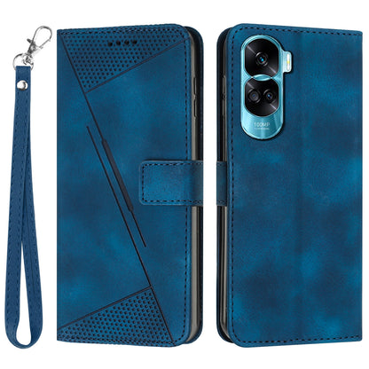 For Honor 90 Lite 5G / X50i 5G Leather Cell Phone Cover Triangle Imprinted Wallet Stand Case with Hand Strap