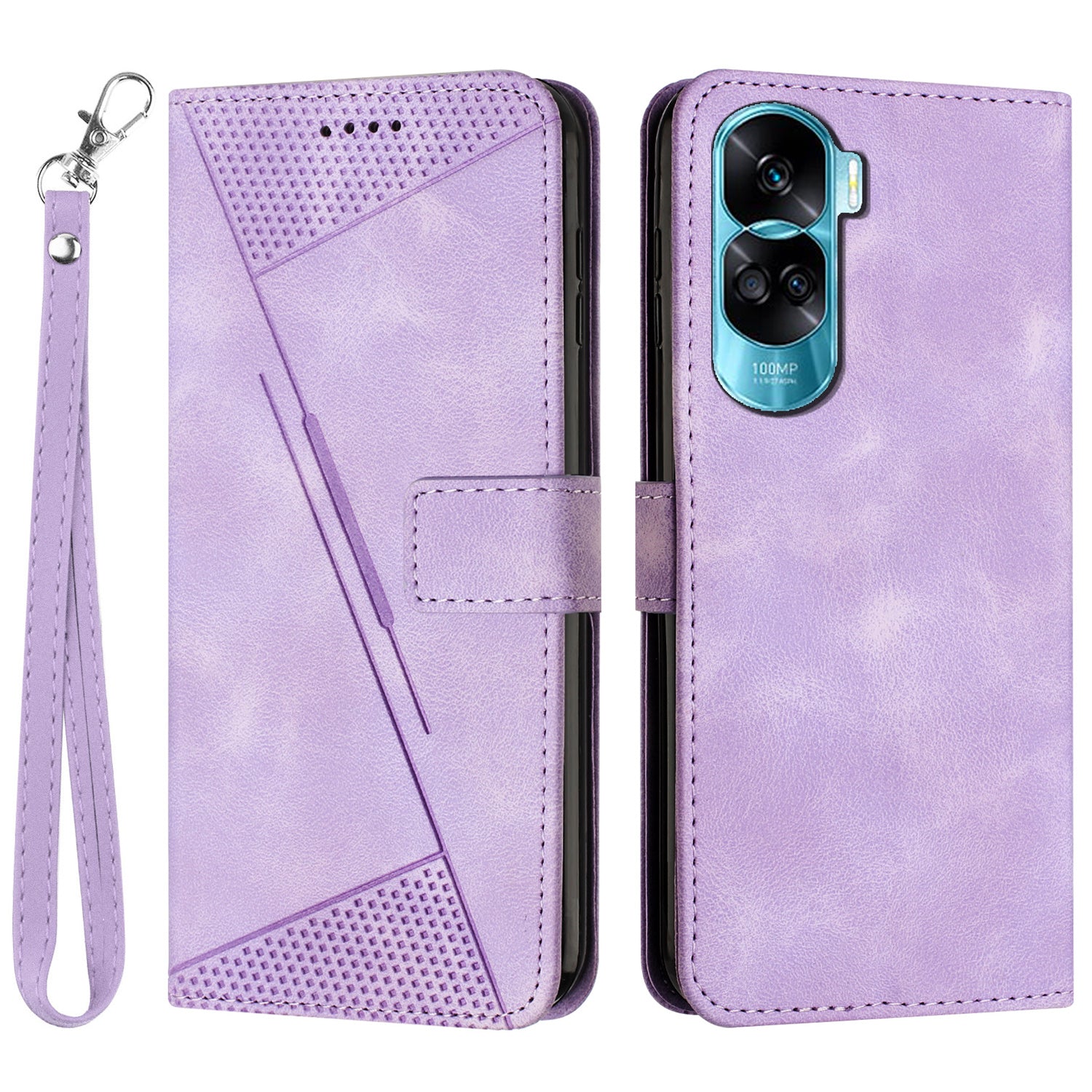 For Honor 90 Lite 5G / X50i 5G Leather Cell Phone Cover Triangle Imprinted Wallet Stand Case with Hand Strap