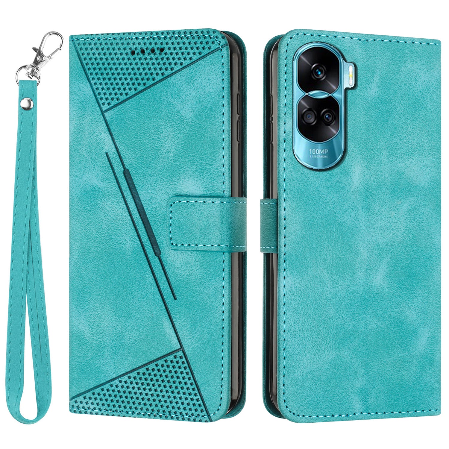 For Honor 90 Lite 5G / X50i 5G Leather Cell Phone Cover Triangle Imprinted Wallet Stand Case with Hand Strap