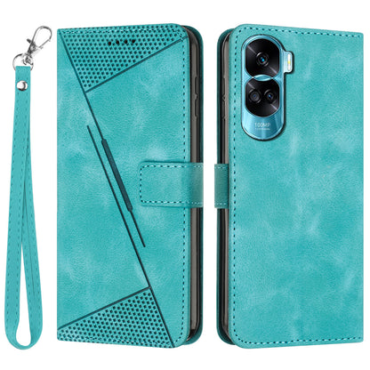 For Honor 90 Lite 5G / X50i 5G Leather Cell Phone Cover Triangle Imprinted Wallet Stand Case with Hand Strap