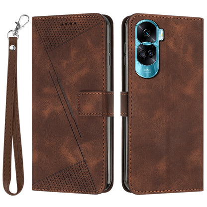 For Honor 90 Lite 5G / X50i 5G Leather Cell Phone Cover Triangle Imprinted Wallet Stand Case with Hand Strap
