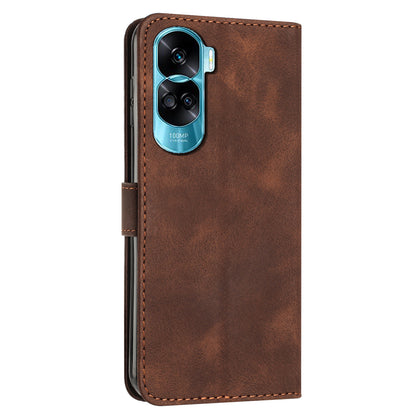 For Honor 90 Lite 5G / X50i 5G Leather Cell Phone Cover Triangle Imprinted Wallet Stand Case with Hand Strap