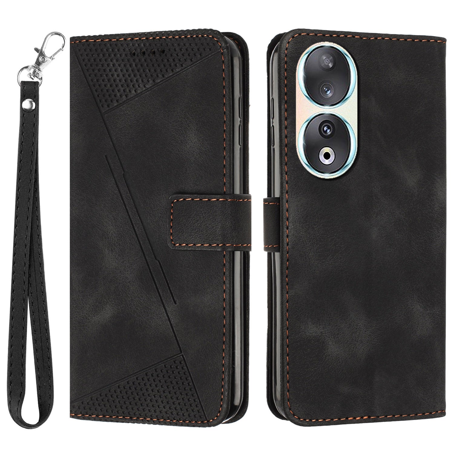 For Honor 90 Leather Wallet Anti-drop Phone Cover Triangle Imprint Folding Stand Shell with Strap