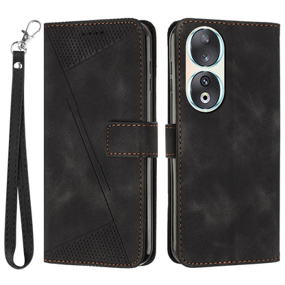 For Honor 90 Leather Wallet Anti-drop Phone Cover Triangle Imprint Folding Stand Shell with Strap