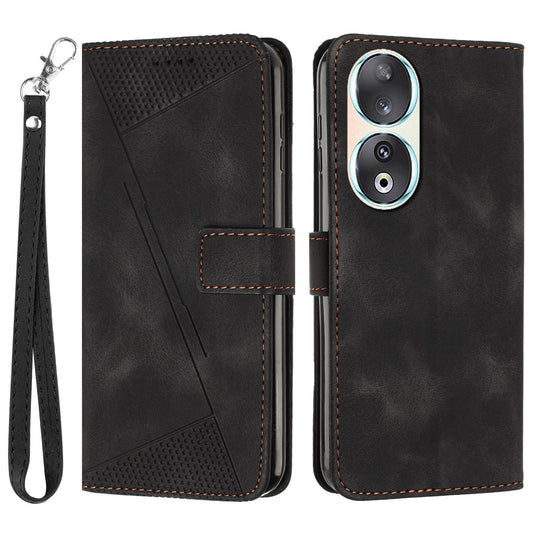 For Honor 90 Leather Wallet Anti-drop Phone Cover Triangle Imprint Folding Stand Shell with Strap