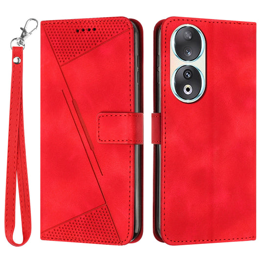 For Honor 90 Leather Wallet Anti-drop Phone Cover Triangle Imprint Folding Stand Shell with Strap