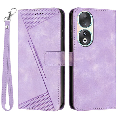 For Honor 90 Leather Wallet Anti-drop Phone Cover Triangle Imprint Folding Stand Shell with Strap