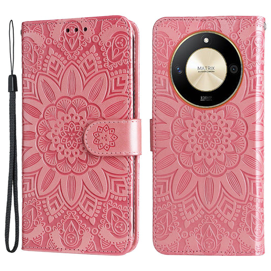 For Honor X50 PU Leather Wallet Stand Case Sunflower Imprinted Shockproof Phone Cover