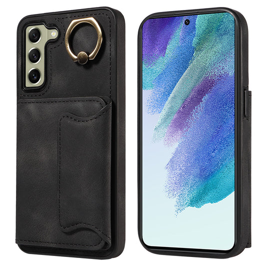 001 For Samsung Galaxy S21 FE 5G PU Leather+TPU Cover Card Holder Phone Case with Ring Kickstand