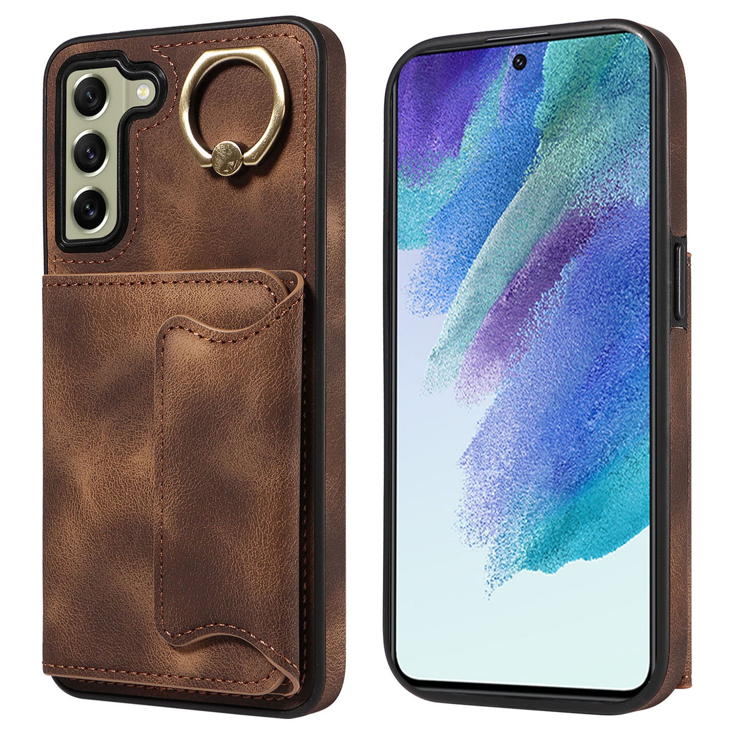 001 For Samsung Galaxy S21 FE 5G PU Leather+TPU Cover Card Holder Phone Case with Ring Kickstand