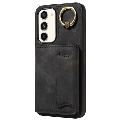 001 For Samsung Galaxy S23+ Card Holder Back Cover Ring Kickstand PU Leather Coated TPU Phone Case