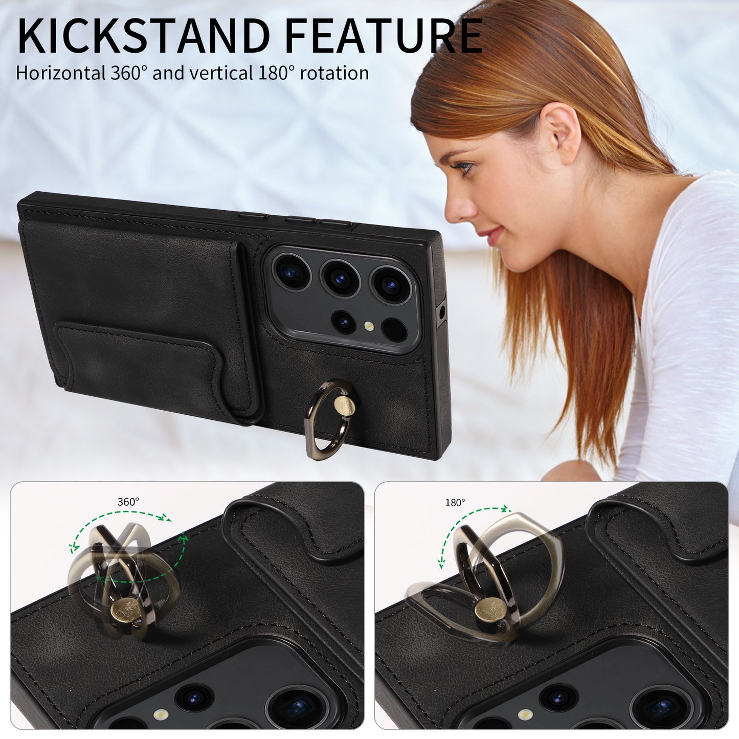 001 For Samsung Galaxy S23 Ultra PU Leather+TPU Card Holder Phone Case Ring Kickstand Skin-touch Cover
