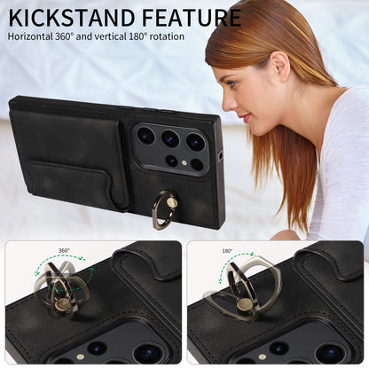 001 For Samsung Galaxy S23 Ultra PU Leather+TPU Card Holder Phone Case Ring Kickstand Skin-touch Cover