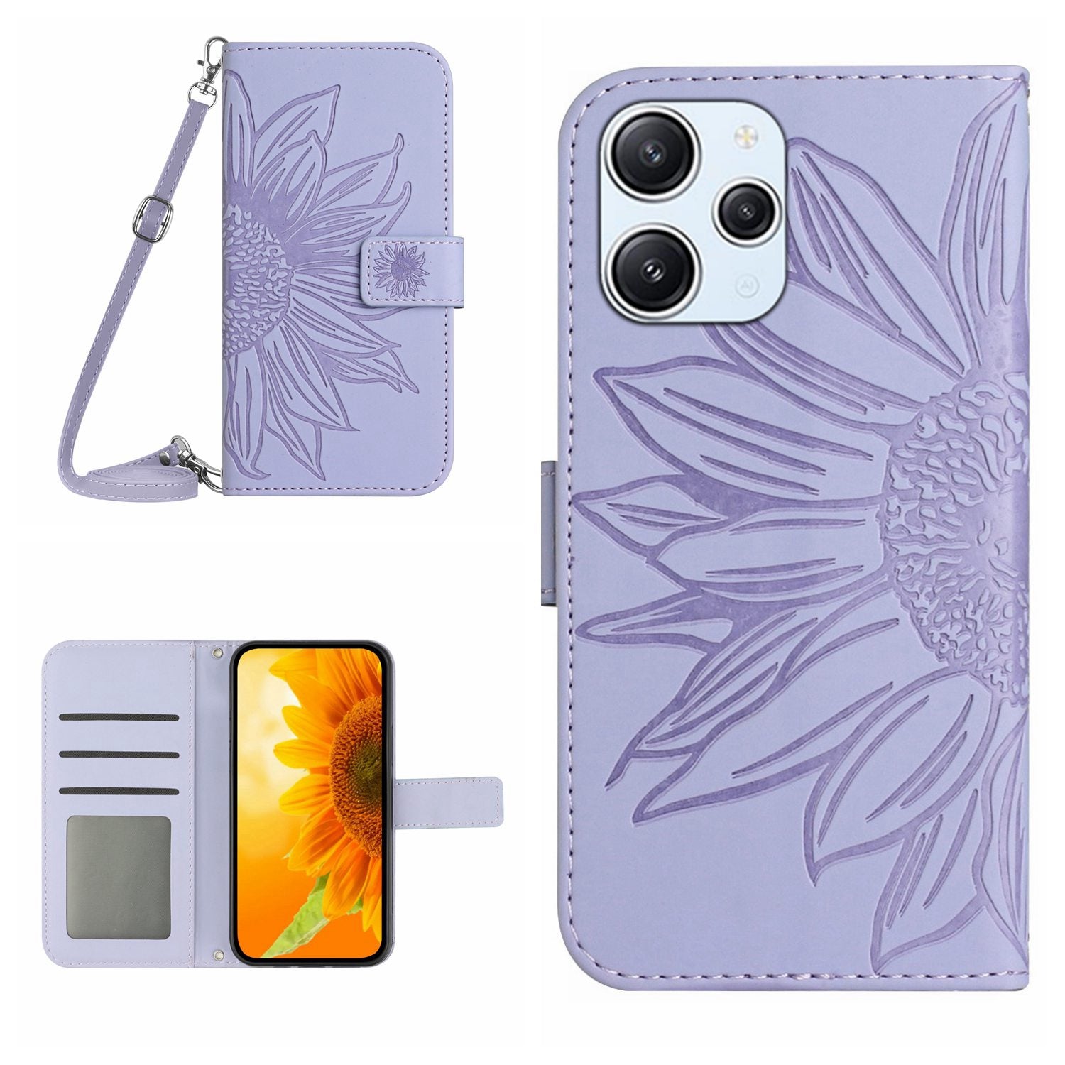 HT04 For Xiaomi Redmi 12 5G / Poco M6 Pro 5G Leather Wallet Phone Case Sunflower Imprint Stand Cover with Shoulder Strap