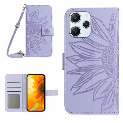 HT04 For Xiaomi Redmi 12 5G / Poco M6 Pro 5G Leather Wallet Phone Case Sunflower Imprint Stand Cover with Shoulder Strap
