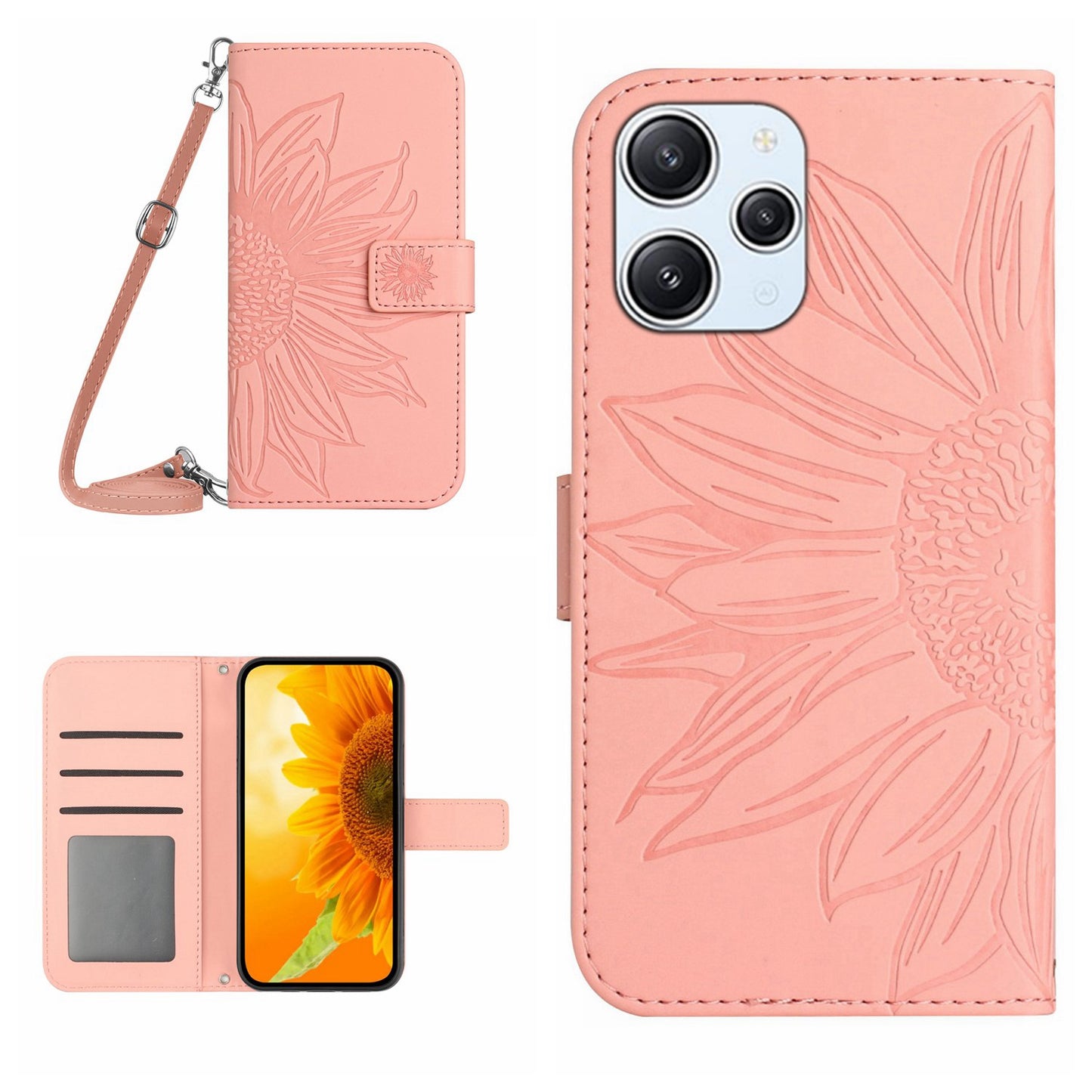 HT04 For Xiaomi Redmi 12 5G / Poco M6 Pro 5G Leather Wallet Phone Case Sunflower Imprint Stand Cover with Shoulder Strap