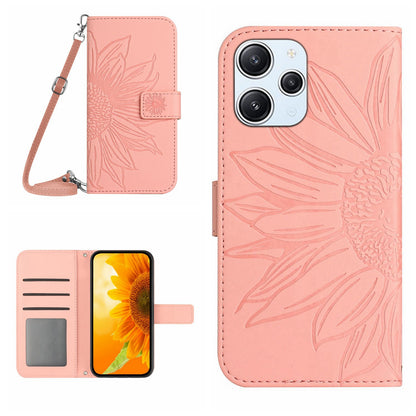 HT04 For Xiaomi Redmi 12 5G / Poco M6 Pro 5G Leather Wallet Phone Case Sunflower Imprint Stand Cover with Shoulder Strap