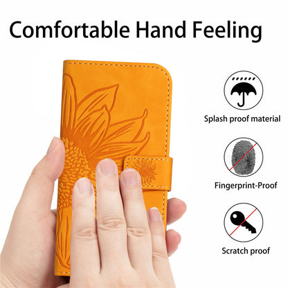 HT04 For Xiaomi Redmi 12 5G / Poco M6 Pro 5G Leather Wallet Phone Case Sunflower Imprint Stand Cover with Shoulder Strap