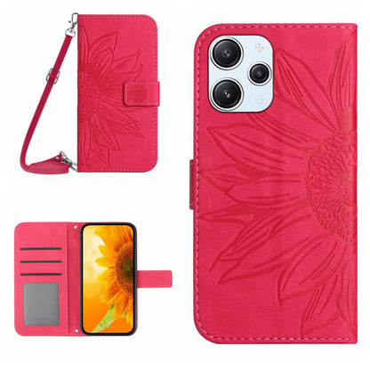 HT04 For Xiaomi Redmi 12 5G / Poco M6 Pro 5G Leather Wallet Phone Case Sunflower Imprint Stand Cover with Shoulder Strap