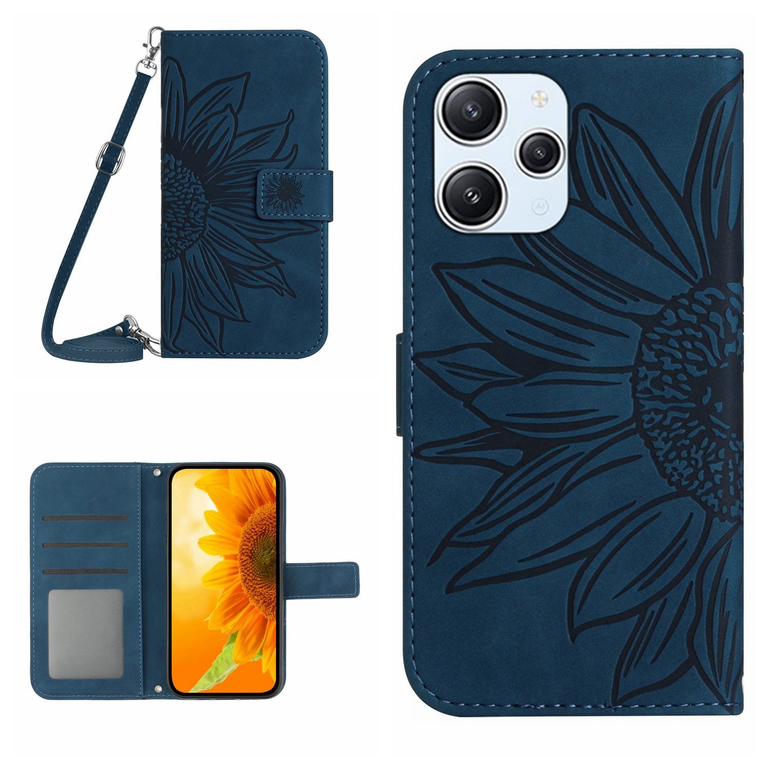 HT04 For Xiaomi Redmi 12 5G / Poco M6 Pro 5G Leather Wallet Phone Case Sunflower Imprint Stand Cover with Shoulder Strap
