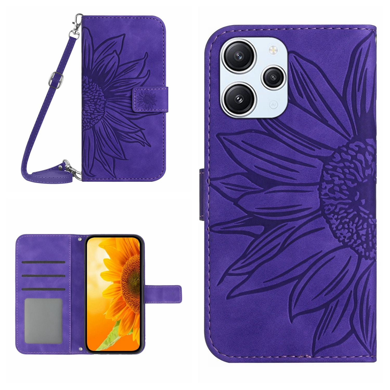 HT04 For Xiaomi Redmi 12 5G / Poco M6 Pro 5G Leather Wallet Phone Case Sunflower Imprint Stand Cover with Shoulder Strap