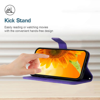 HT04 For Xiaomi Redmi 12 5G / Poco M6 Pro 5G Leather Wallet Phone Case Sunflower Imprint Stand Cover with Shoulder Strap
