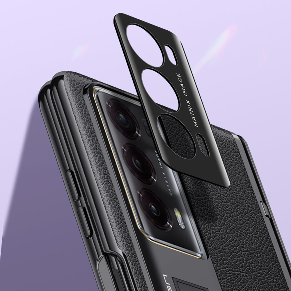 For Honor Magic V2 5G Electroplating PU Leather Coated PC Phone Case Hinge Protection Kickstand Cover with Anti-spy Tempered Glass Film