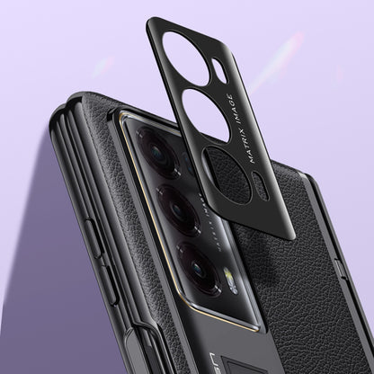 For Honor Magic V2 5G Electroplating PU Leather Coated PC Phone Case Hinge Protection Kickstand Cover with Anti-spy Tempered Glass Film