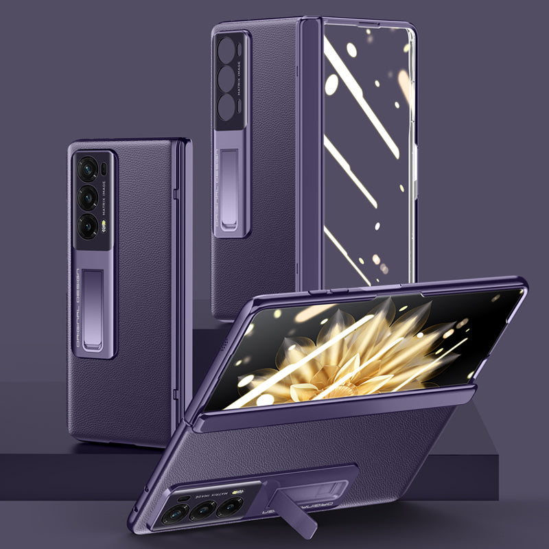 For Honor Magic V2 5G PU Leather Coated PC Phone Case Electroplating Hinge Protection Kickstand Cover with Clear Tempered Glass Film