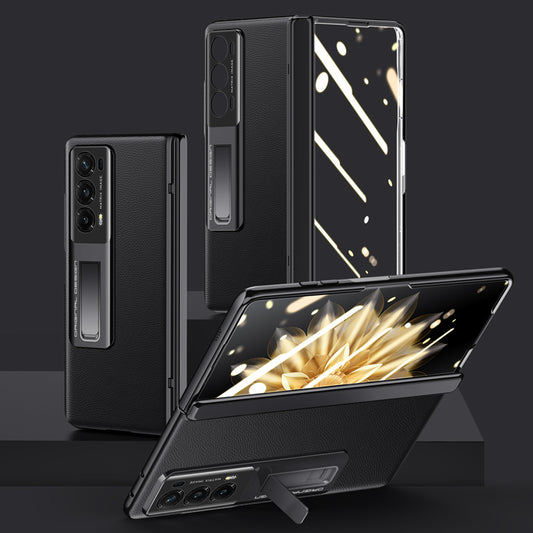 For Honor Magic V2 5G PU Leather Coated PC Phone Case Electroplating Hinge Protection Kickstand Cover with Clear Tempered Glass Film