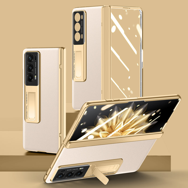 For Honor Magic V2 5G PU Leather Coated PC Phone Case Electroplating Hinge Protection Kickstand Cover with Clear Tempered Glass Film