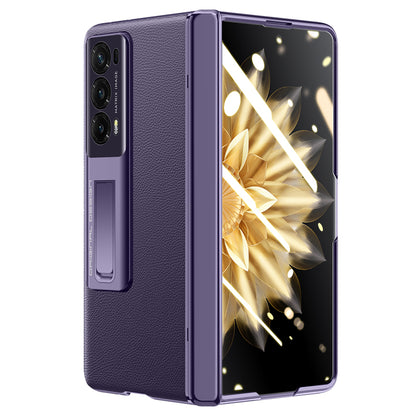 For Honor Magic V2 5G PU Leather Coated PC Phone Case Electroplating Hinge Protection Kickstand Cover with Clear Tempered Glass Film