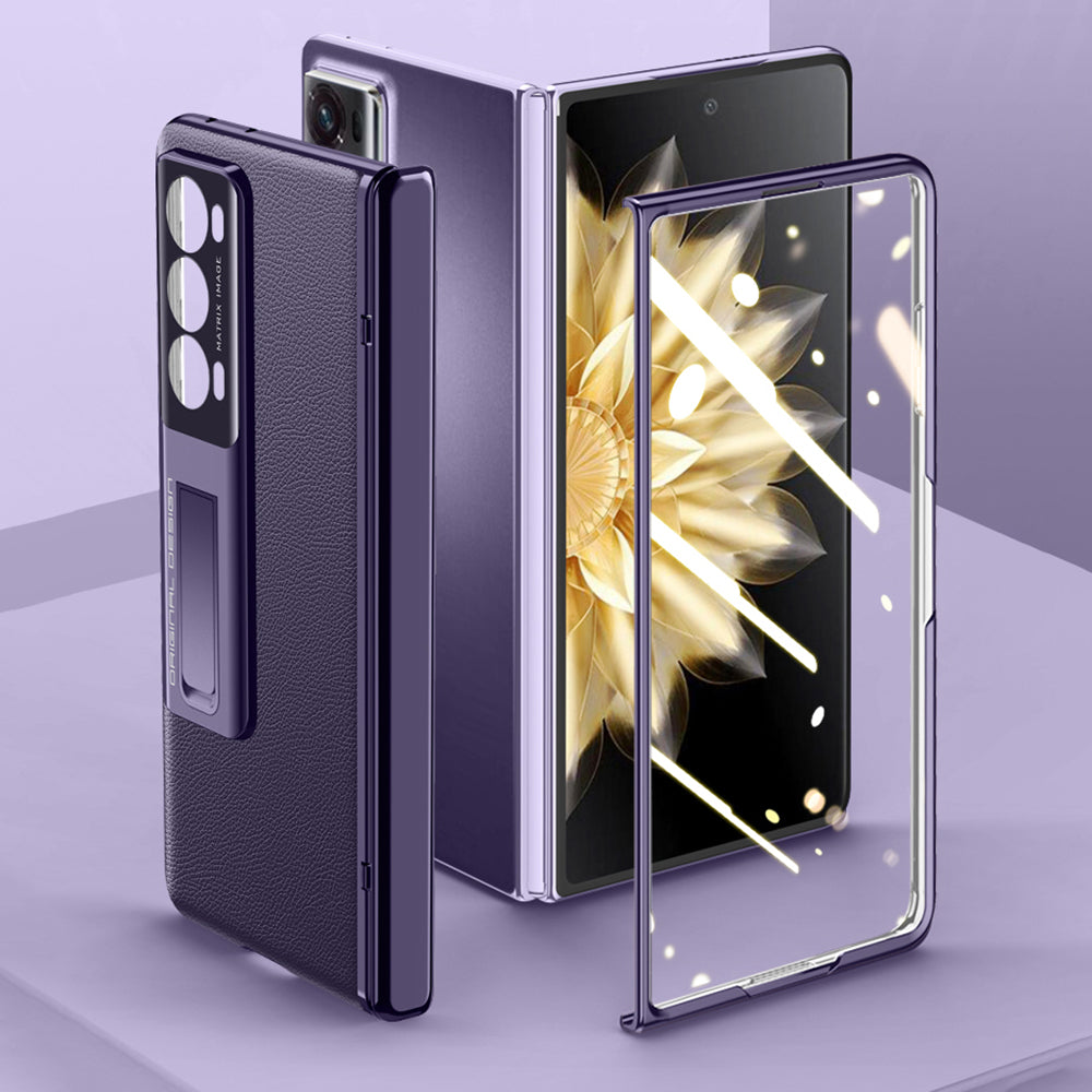 For Honor Magic V2 5G PU Leather Coated PC Phone Case Electroplating Hinge Protection Kickstand Cover with Clear Tempered Glass Film
