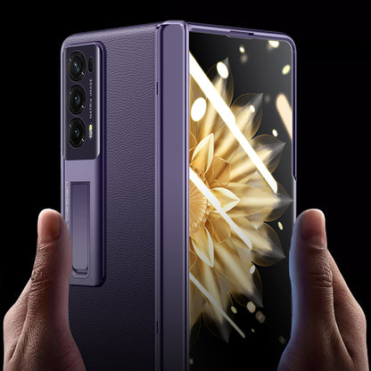 For Honor Magic V2 5G PU Leather Coated PC Phone Case Electroplating Hinge Protection Kickstand Cover with Clear Tempered Glass Film