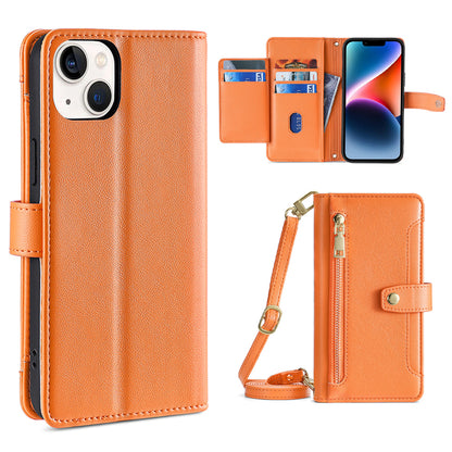 Phone Case Wallet for iPhone 15 , Zipper Pocket PU Leather Stand Card Slots Cover with Wrist Strap and Shoulder Strap