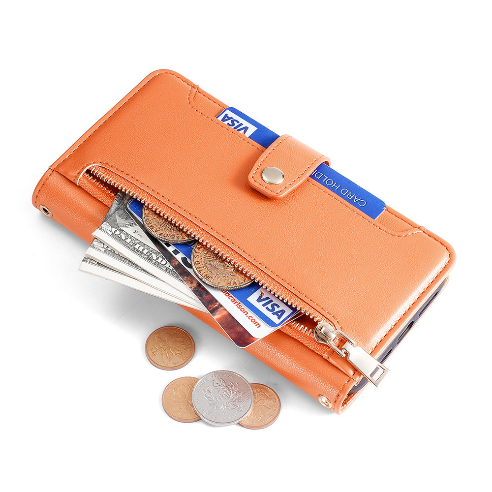 Phone Case Wallet for iPhone 15 , Zipper Pocket PU Leather Stand Card Slots Cover with Wrist Strap and Shoulder Strap