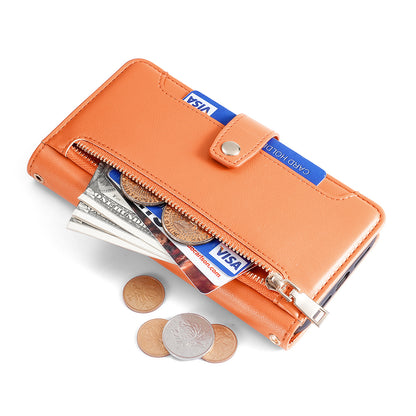 Phone Case Wallet for iPhone 15 , Zipper Pocket PU Leather Stand Card Slots Cover with Wrist Strap and Shoulder Strap