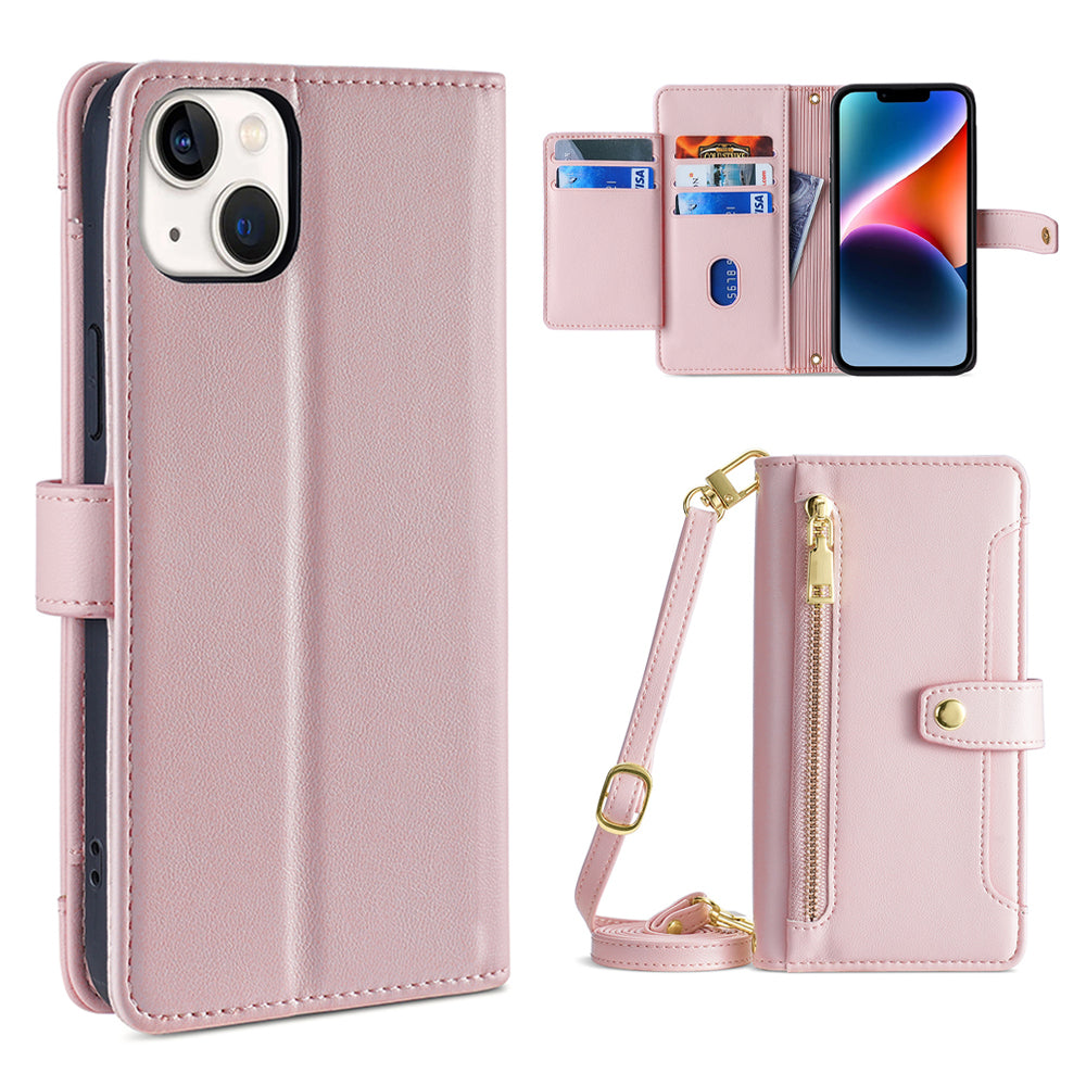 Phone Case Wallet for iPhone 15 , Zipper Pocket PU Leather Stand Card Slots Cover with Wrist Strap and Shoulder Strap