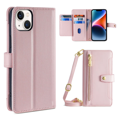 Phone Case Wallet for iPhone 15 , Zipper Pocket PU Leather Stand Card Slots Cover with Wrist Strap and Shoulder Strap