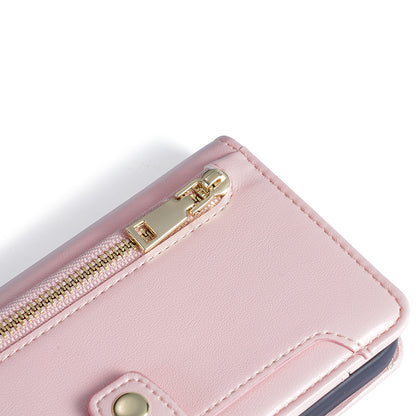 Phone Case Wallet for iPhone 15 , Zipper Pocket PU Leather Stand Card Slots Cover with Wrist Strap and Shoulder Strap